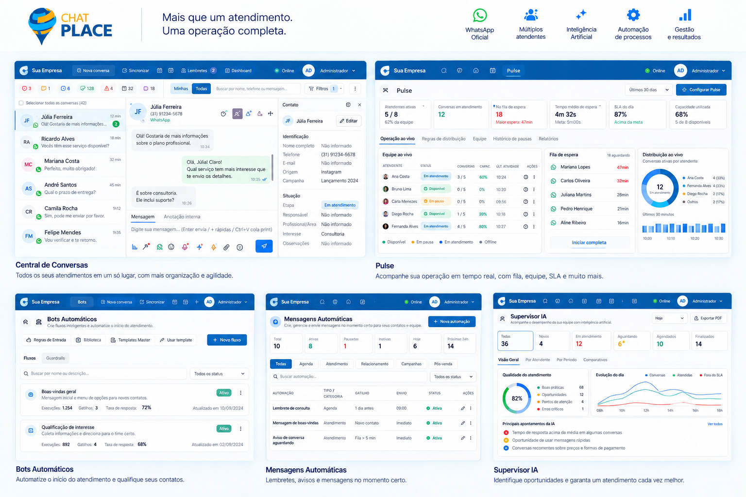 Visão geral dos recursos Chat Place: Central de Conversas, Pulse, Bots, Mensagens e Supervisor IA